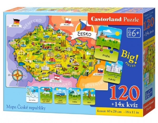 Puzzle Mapa Českej republiky 120 dielikov + 14 kvízov náučné 40x28cm v krabici