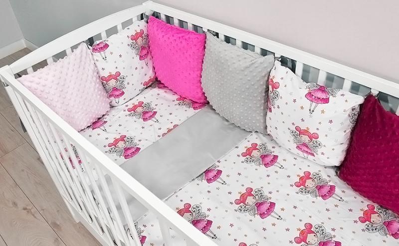 Baby Nellys Vankúšikový mantinel Minky s obliečkami - Víla, šedá, B19