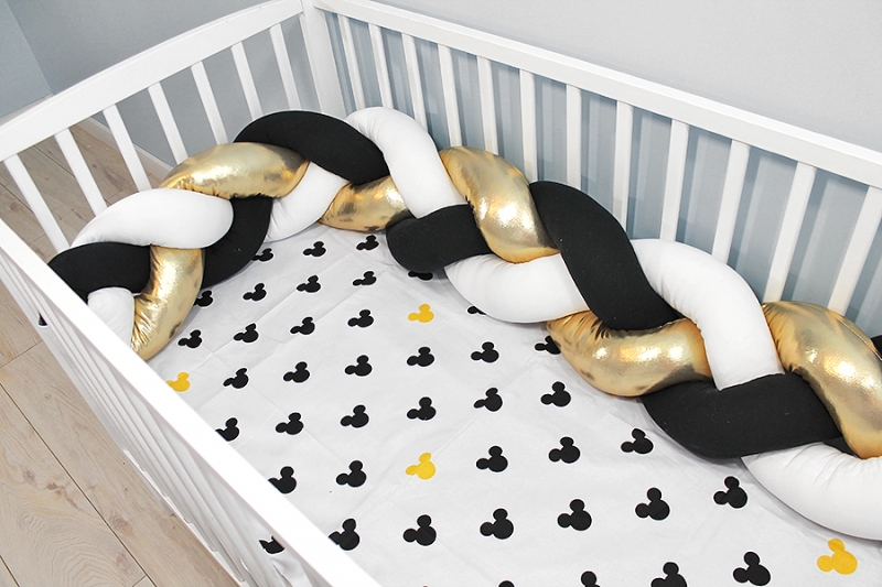 Mantinel pletený vrkoč shine s obliečkami Mickey - biela, zlatá, čierna, 120x90 cm