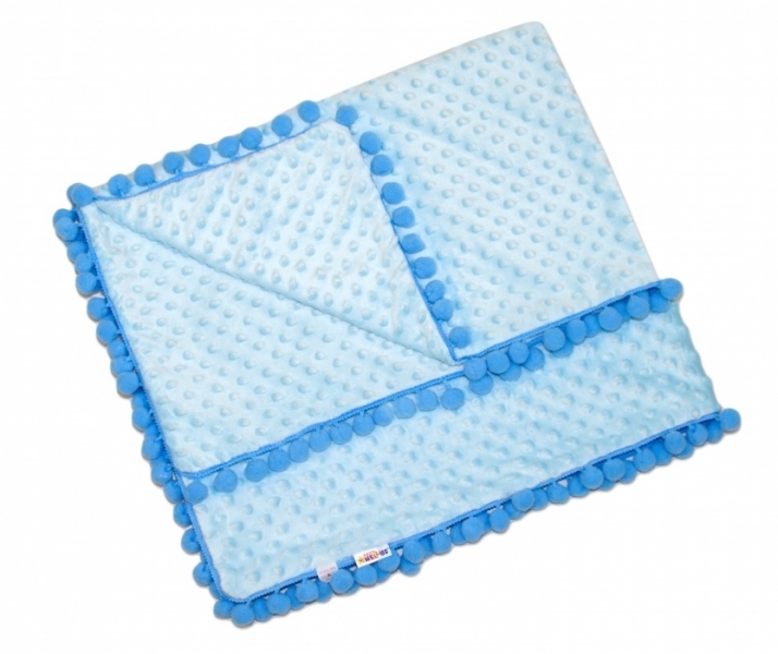 Baby Nellys Luxusná dečka Minky s brmbolcami 100x75cm - sv. modrá/modré bambuľky