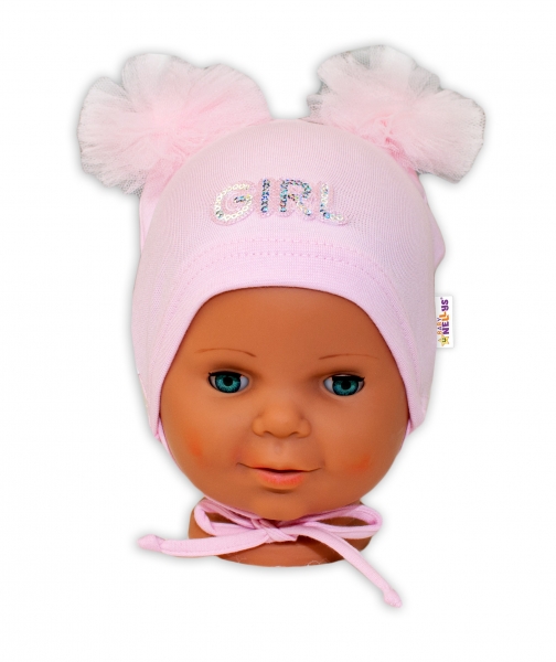 Bavlnená čiapočka na zaväzovanie Baby Nellys s mašličkami Tutu - sv. ružová, veľ. 40 -42cm