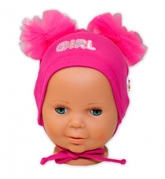 Bavlnená čiapočka na zaväzovanie Baby Nellys s mašličkami Tutu - tm. ružová, 40 - 42cm