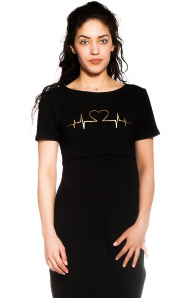 Be MaaMaa Tehotenská, dojčiaca nočná košeľa Heartbeat - čierna, veľ. L/XL (FARBA: čIERNA, VEľ. L/XL,)