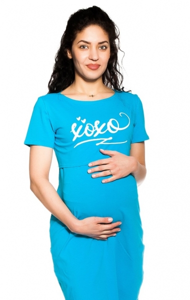 Be MaaMaa Tehotenská, dojčiaca nočná košeľa Xoxo - tyrkysová, veľ. L/XL-#Velikosti těh. moda;L/XL