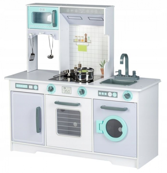 Eco Toys Drevená kuchynka s príslušenstvom, 96,5 x 96 x 37 cm - šedá (FARBA: šEDá, 3+)