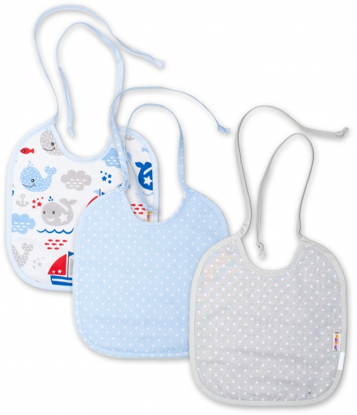 Baby Nellys Detský podbradník obojstranný / dvojvrstvový, súprava 3 ks - modrý/sivý