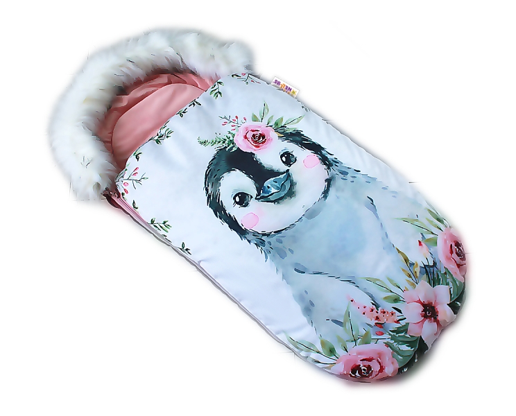 Fusak Baby Nellys Winter Friends Lux velvet s kožušinkou, 105x55 cm - tučňák/pudr. ružová