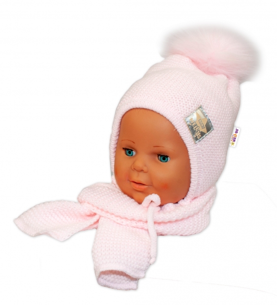 BABY NELLYS Zimná čiapočka s šálom - chlupáčková Bambulka - sv. ružová/sv. ružová