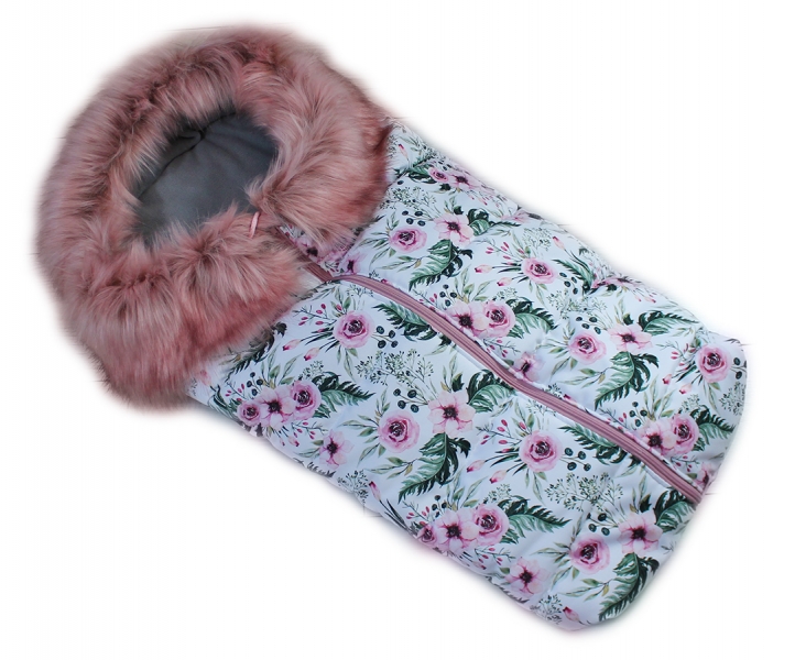 Fusak nielen do autosedačky Baby Nellys ® Eskymo s kožušinkou, flowers/pudrový (FARBA: BIELA, KOžúšOK)