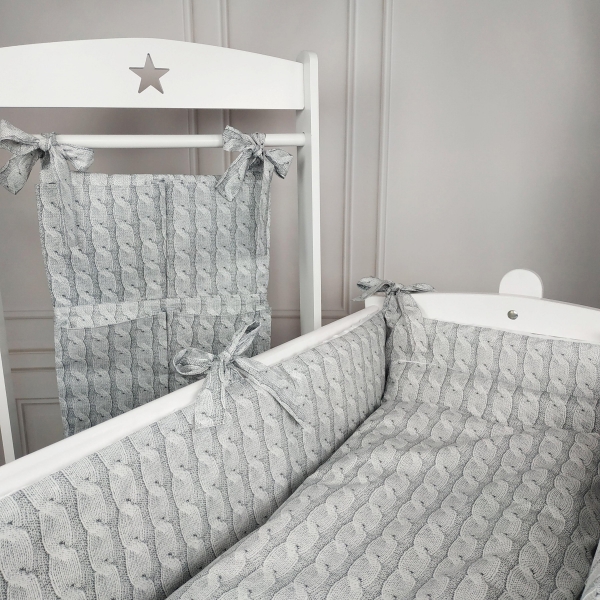 7-dielna súprava do kolísky Baby Nellys, Pletený vrkoč - sivá