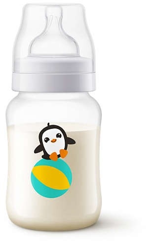 AVENT antikoliková fľaštička 260ml - Tučniak (OBJEM: 260ML, VZOR: TUčNIAK, AVENT ANTIKOLIKOVý, 1 M +)