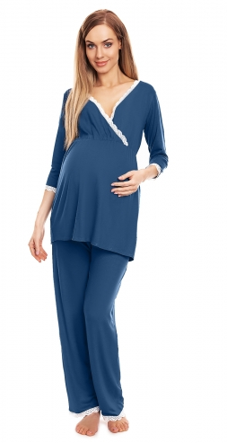 Be Maamaa Tehotenské, dojčiace pyžamo s čipkovaným lemovaním - modré