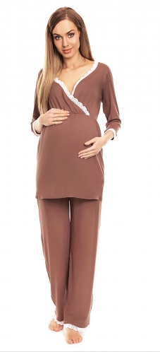 Be Maamaa Tehotenské, dojčiace pyžamo s čipkovaným lemovaním - Cappuccino, veľ. L/XL-#Velikosti těh. moda;L/XL