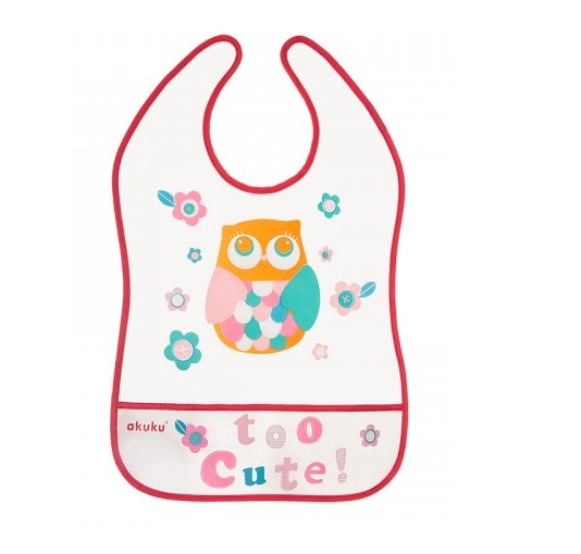 Akuku Plastový podbradník/zásterka s vreckom Owl - malinový