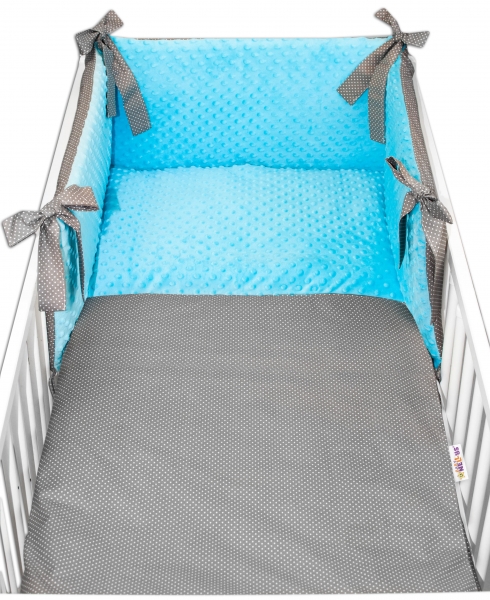 3-dielna sada mantinel s obliečk. Minky Baby Nellys - Bodky, Minky tyrkys/tm. šedá,135x100