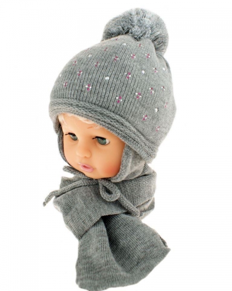 BABY NELLYS Zimná čiapka s brmbolcom a šálom - sivá s kamienkami