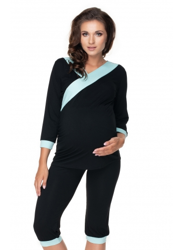 Be Maamaa Tehotenské, dojčiace pyžamo 3/4 - čierne, zelené lemování, veľ. L/XL-#Velikosti těh. moda;L/XL