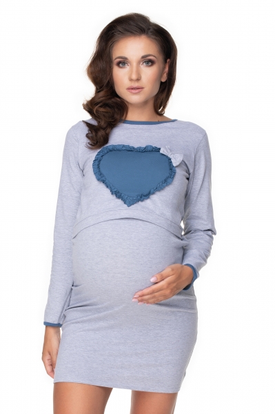 Be MaaMaa Tehotenská, dojčiaca nočná košeľa srdce, dl. rukáv - sivá, veľ. XXL-#Velikosti těh. moda;XXL (44) ()