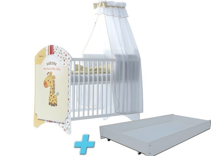 BabyBoo Detská postieľka LUX s motivom Sweet giraffe + šuplík, 120 x 60 cm