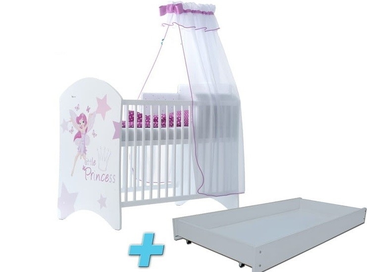 BabyBoo Detská postieľka LUX s motivom Little princess. + šuplík, 120 x 60 cm