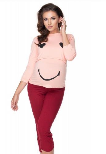 Be Maamaa Tehotenské, dojčiace pyžamo 3/4 s dl. rukávom -  růžovo/bordo, veľ. L/XL-#Velikosti těh. moda;L/XL