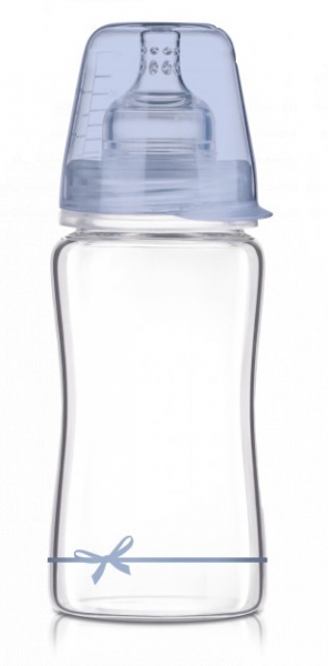 LOVI Sklenená fľaštička 250 ml Diamond Glass - mašlička -modrá