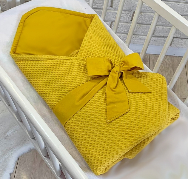 Baby Nellys Luxusné zavinovačka vaflová s mašľou 75 x 75cm - horčicová