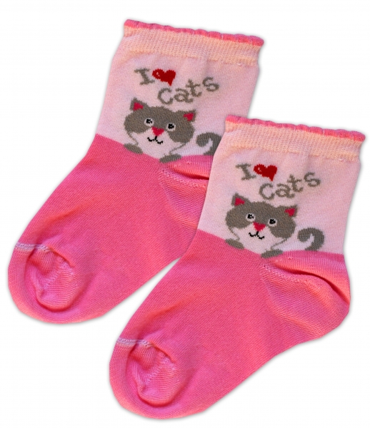 Baby Nellys Bavlnené ponožky I love cats - růžovo/sv. růžová, veľ. 17-18cm (BABY NELLYS ®, VEľKOSť:)