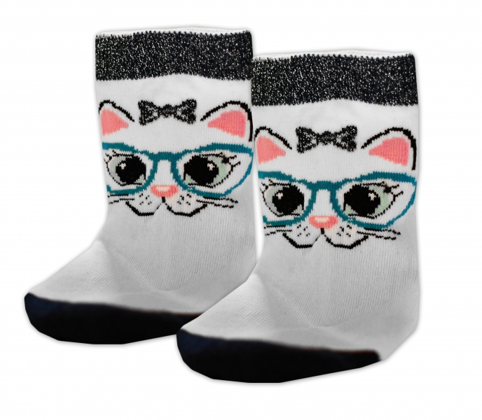 Baby Nellys Bavlnené ponožky Mačka s okuliarmi - biele, veľ. 17-18cm (BABY NELLYS ®, VEľKOSť: 17-18CM,)