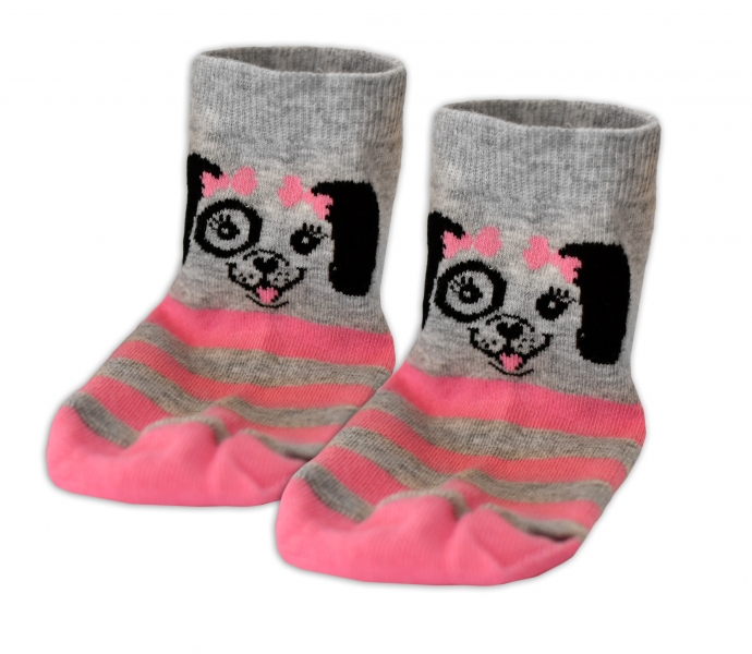 Baby Nellys Bavlnené ponožky Psík mašlička - sivé/růžový průžok, veľ. 17-18cm (BABY NELLYS ®, VEľKOSť:)