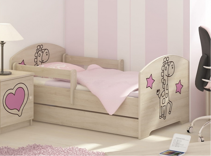 NELLYS Detská posteľ160x80cm, Žirafka STAR ružová vo farbe nórskej borovice, matrac zdarma