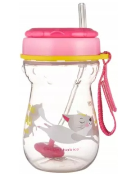 Canpol babies Hrnček športový so slamkou a závažím 350 ml, mačička - ružová