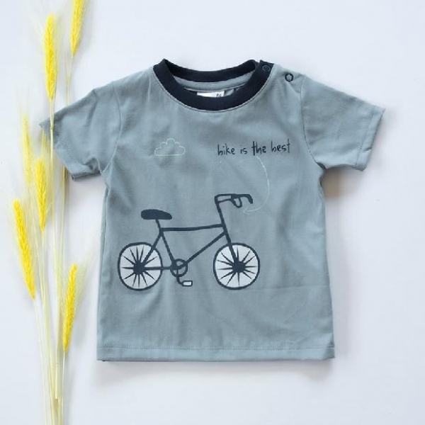 Chlapčenskú bavlnené tričko, krátky rukáv - modro/sivé, Bike is the best, veľ. 74