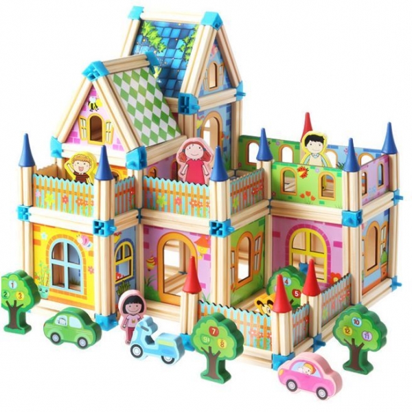 Drevené farebné kocky ECO TOYS 128 ks - domček (128 KS, VHODNé OD 3 ROKOV, ROZMERY KRABICE: 30X22,5X6)