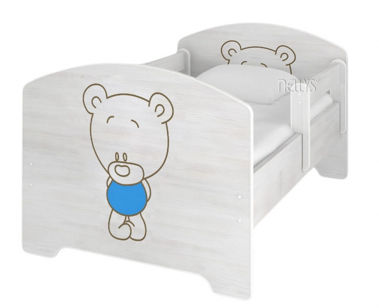 NELLYS Detská posteľ BABY BEAR modrý vo farbe nórskej borovice + matrac zadarmo