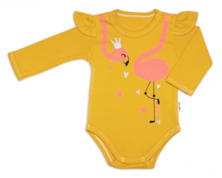 Bavlnené dojčenské body, dl. rukáv, Flamingo s volánikom - horčicové, veľ. 80
