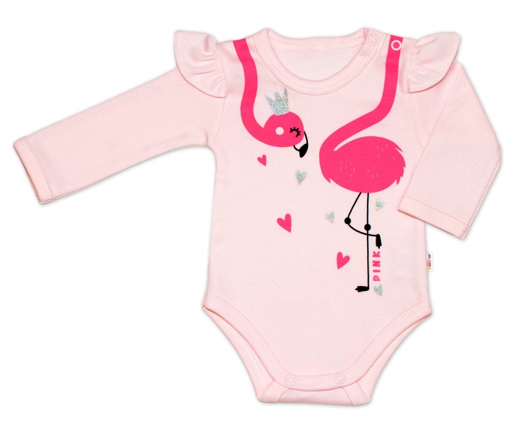 Bavlnené dojčenské body, dl. rukáv, Flamingo s volánikom - ružové, veľ. 62