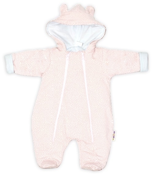 Baby Nellys ® Kombinézka s dvojitým zap., s kapucňou a uškami, Bodky - ružová, veľ. 74