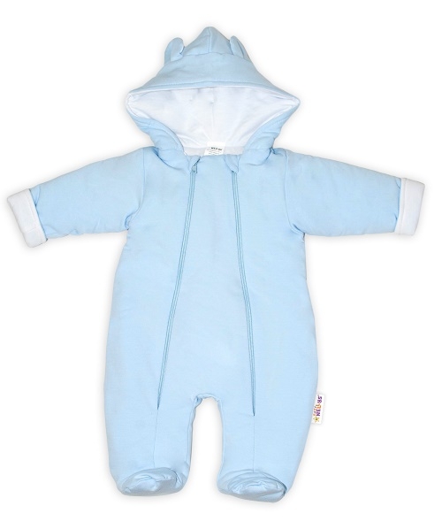 Baby Nellys ® Kombinézka s dvojitým zapínaním, s kapucňou a uškami, sv. modrá, veľ. 74