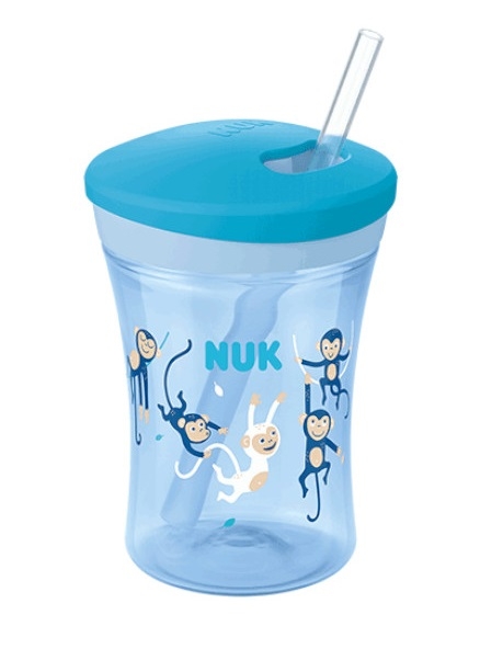 Nekvapkajúci hrnček NUK Evolution Action Cup se slámkou - veselé opičky (NUK, 230ML, 12M +, FARBA:)