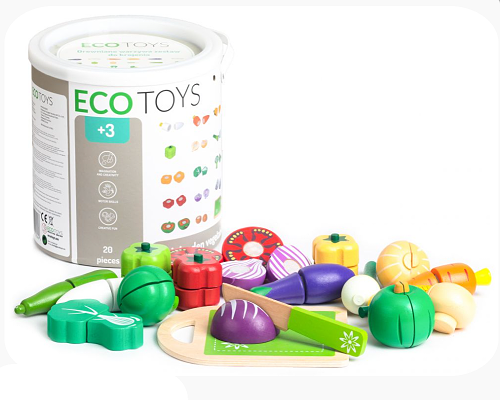 Drevené jedlo v vedierku ECO TOYS - Zelenina, 20 kusov (ECO TOYS - 20 KUSOV, ROZ. 19 X 18 CM, VEK: 3 +)