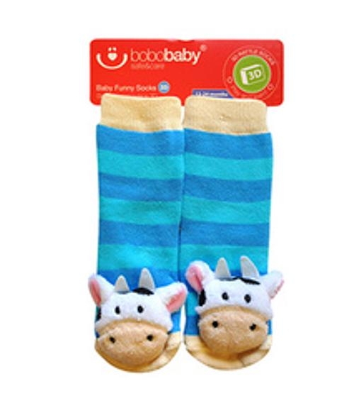 BOBO BABY Detské protišmykové ponožky 3D s hrkálkou - Kravička, sv. modrá (3D, VEK: 12-24 MESIACOV,)