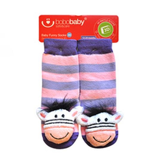 BOBO BABY Detské protišmykové ponožky 3D s hrkálkou - Zebra, fialová (3D, VEK: 12-24 MESIACOV,)