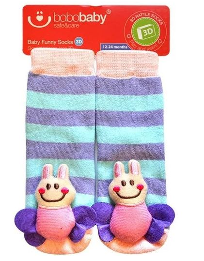 BOBO BABY Detské protišmykové ponožky 3D s hrkálkou - Včielka, fialová (3D, VEK: 12-24 MESIACOV,)