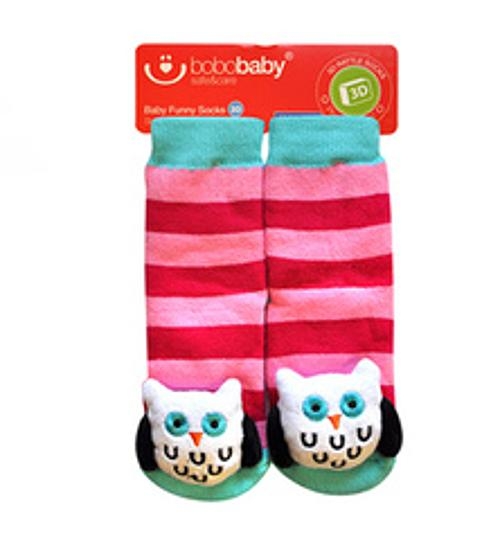 BOBO BABY Detské protišmykové ponožky 3D s hrkálkou - Sovička, růžová (3D, VEK: 12-24 MESIACOV,)