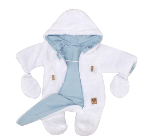 Zimná obojstranná kombinéza s kapucňou + rukavičky, modro-biela, veľ. 68