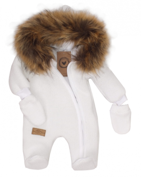 Zimná kombinéza s kapucňou a kožušinou + rukavičky, biela, veľ. 62