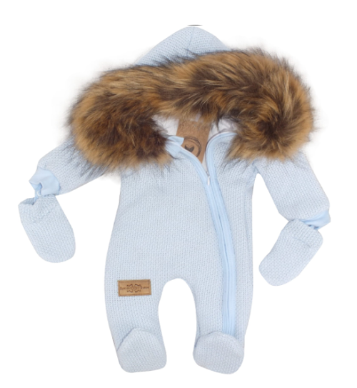 Zimná kombinéza s kapucňou a kožušinou + rukavičky, modrá, veľ. 68