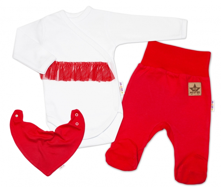 Kojenecká 3-dielna sada Body dlhý rukáv s tutu, šatka, polodupačky,červená,biela, veľ.56