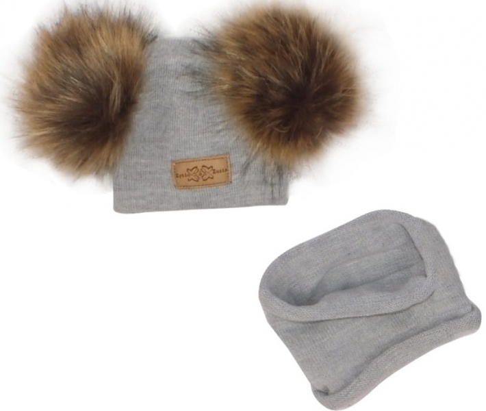 Z&amp;amp;Z Zimná čiapka s brmbolcami z kožušinky + komín, sivá (OBVOD:  34-40CM, FARBA: SIVá)